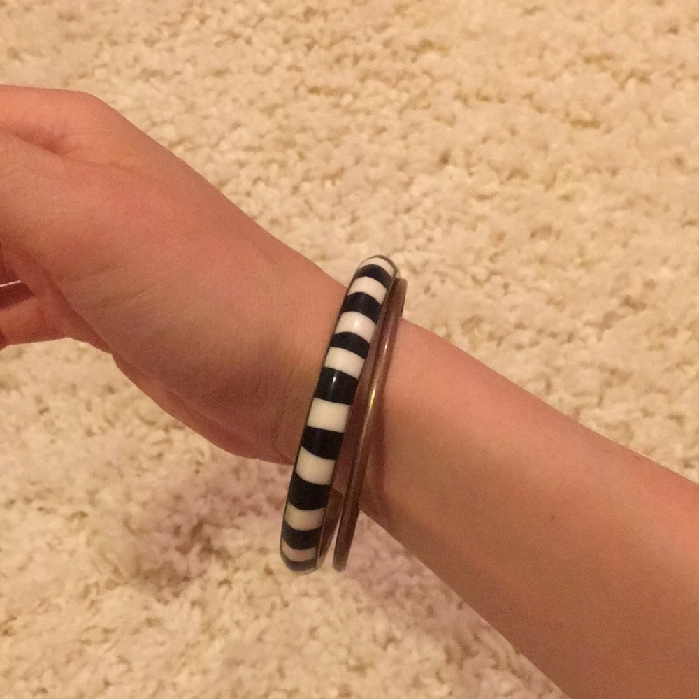 Rustic gold, white and blue stripe bangles